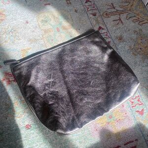 Free People Faux Leather Clutch Purse Metallic Silver Portfolio Pouch Tote Bag
